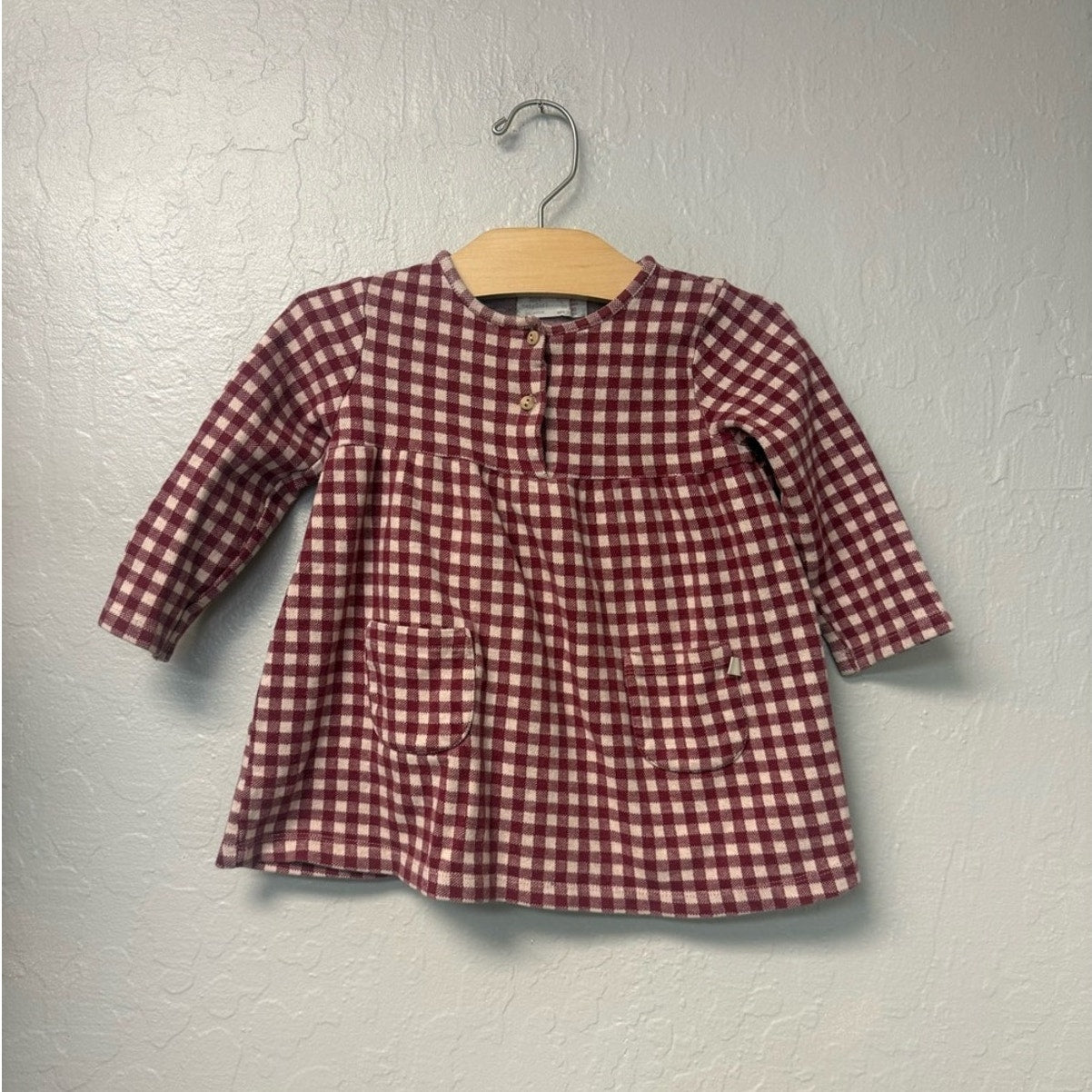 zara dark red gingham long sleeve dress 2-3Y