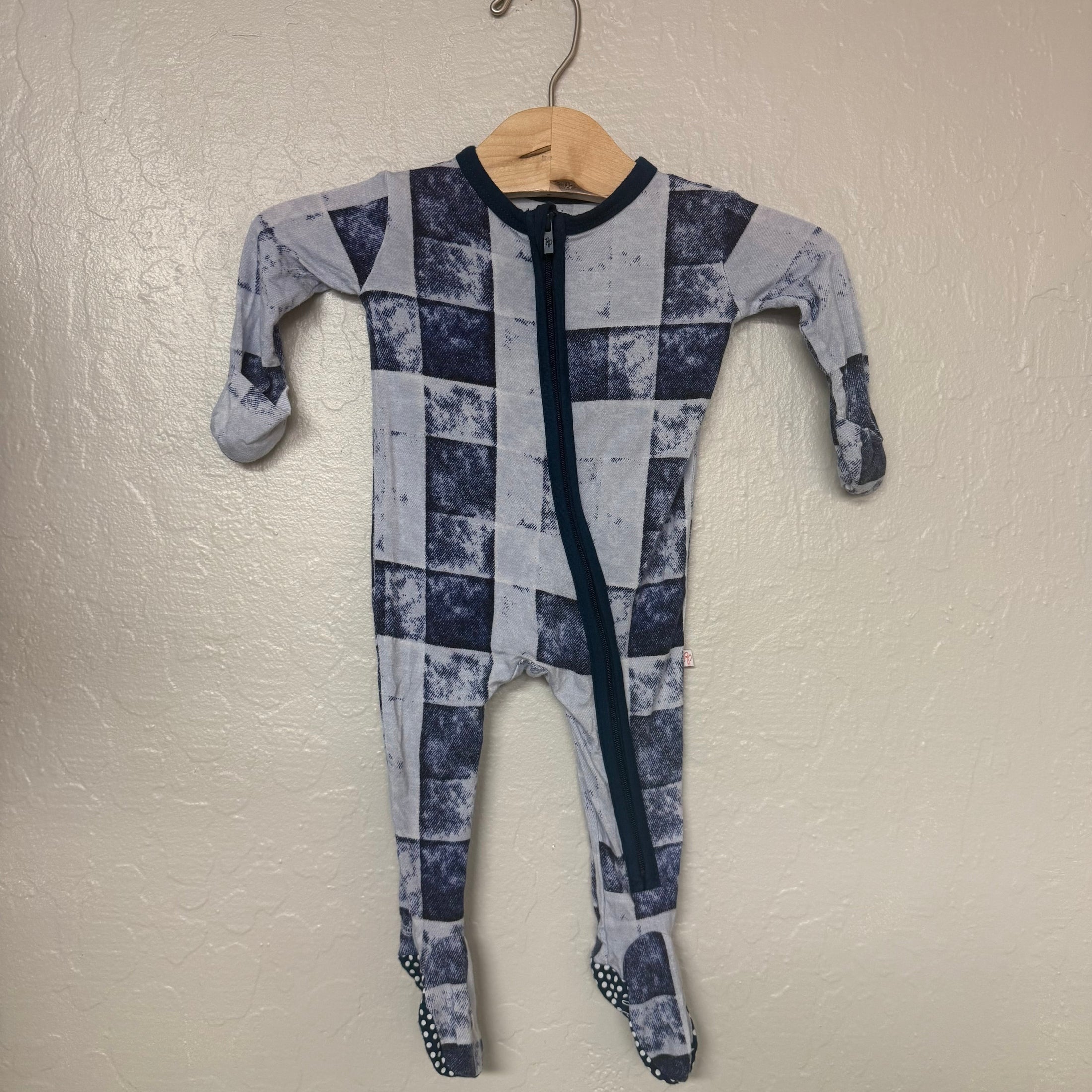 posh peanut blue bamboo footie 12-18M