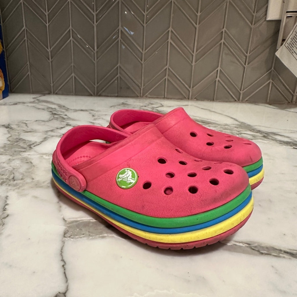 crocs girls' pink rainbow shoes 9c