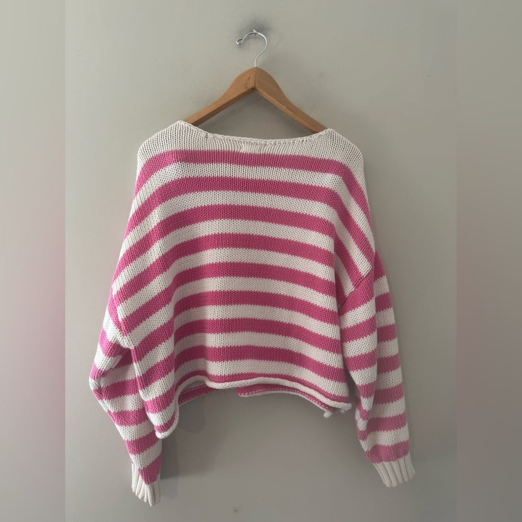 aerie off-shoulder pink white stripe sweater XL