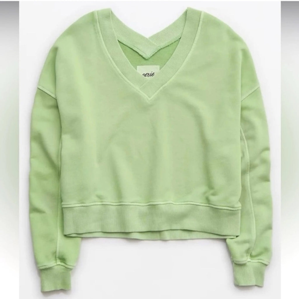 aerie green sweatshirt double v SMALL