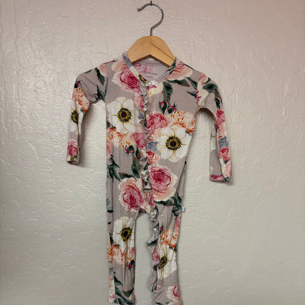 posh peanut girls’ bamboo ruffle romper floral print 3-6M