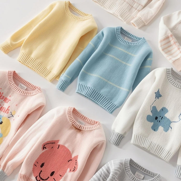 Collection of colorful children's sweaters on a light background