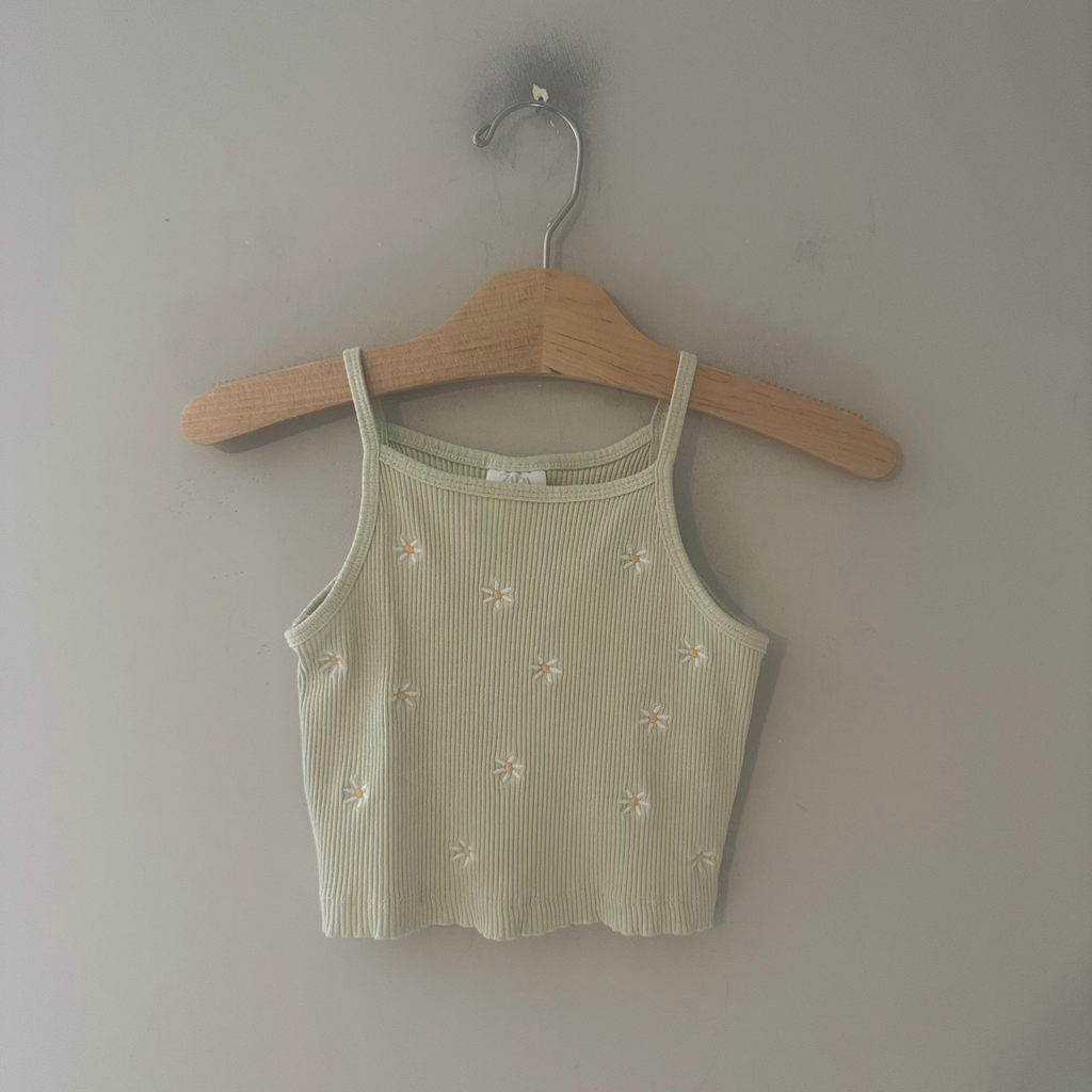 zara girls' green ribbed embroidered daisy cami 7Y