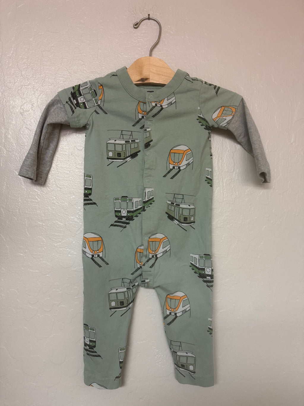 Tea Collection Boys Train Snap Romper Green 9-12M