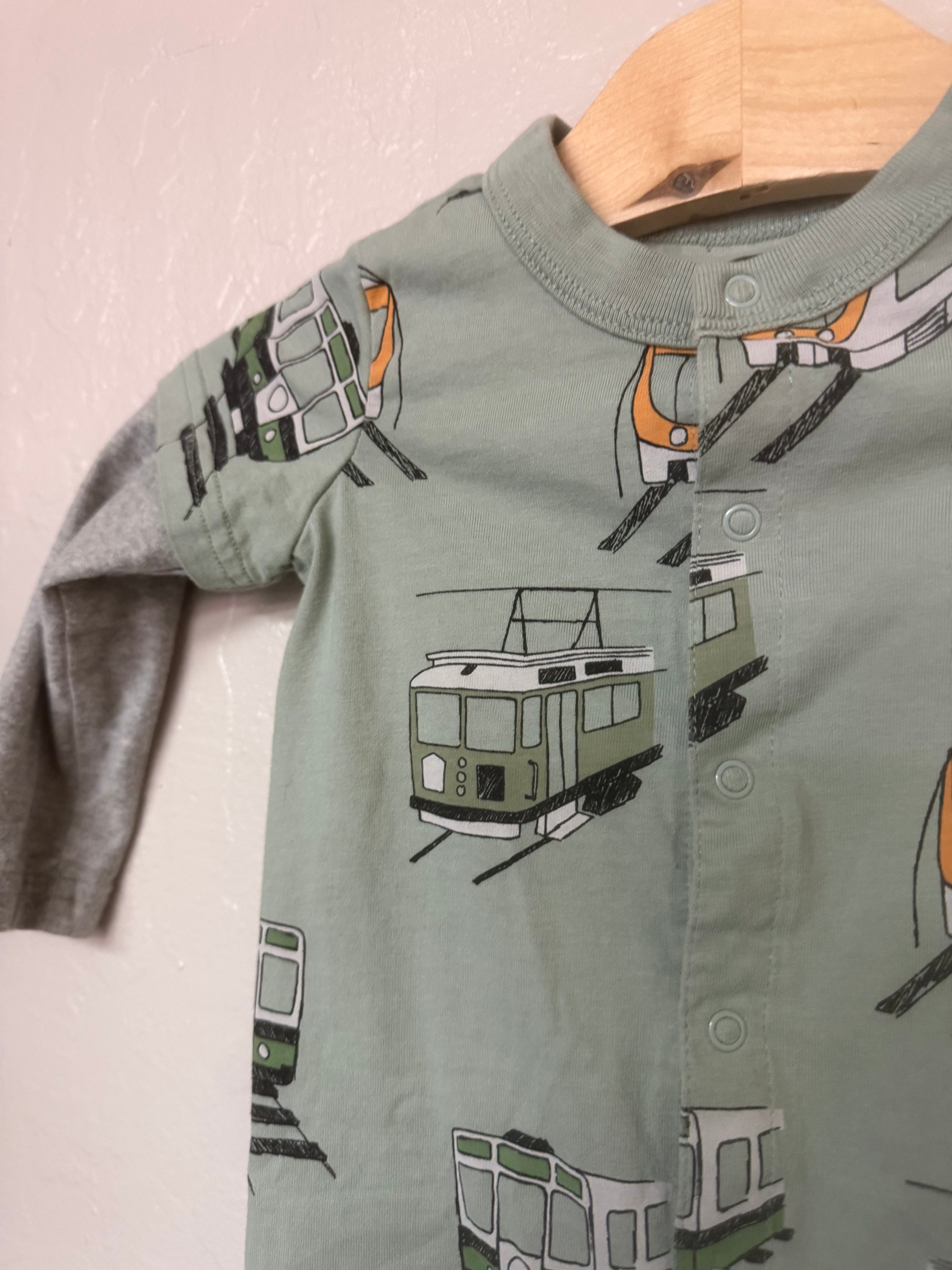 Tea Collection Boys Train Snap Romper Green 9-12M