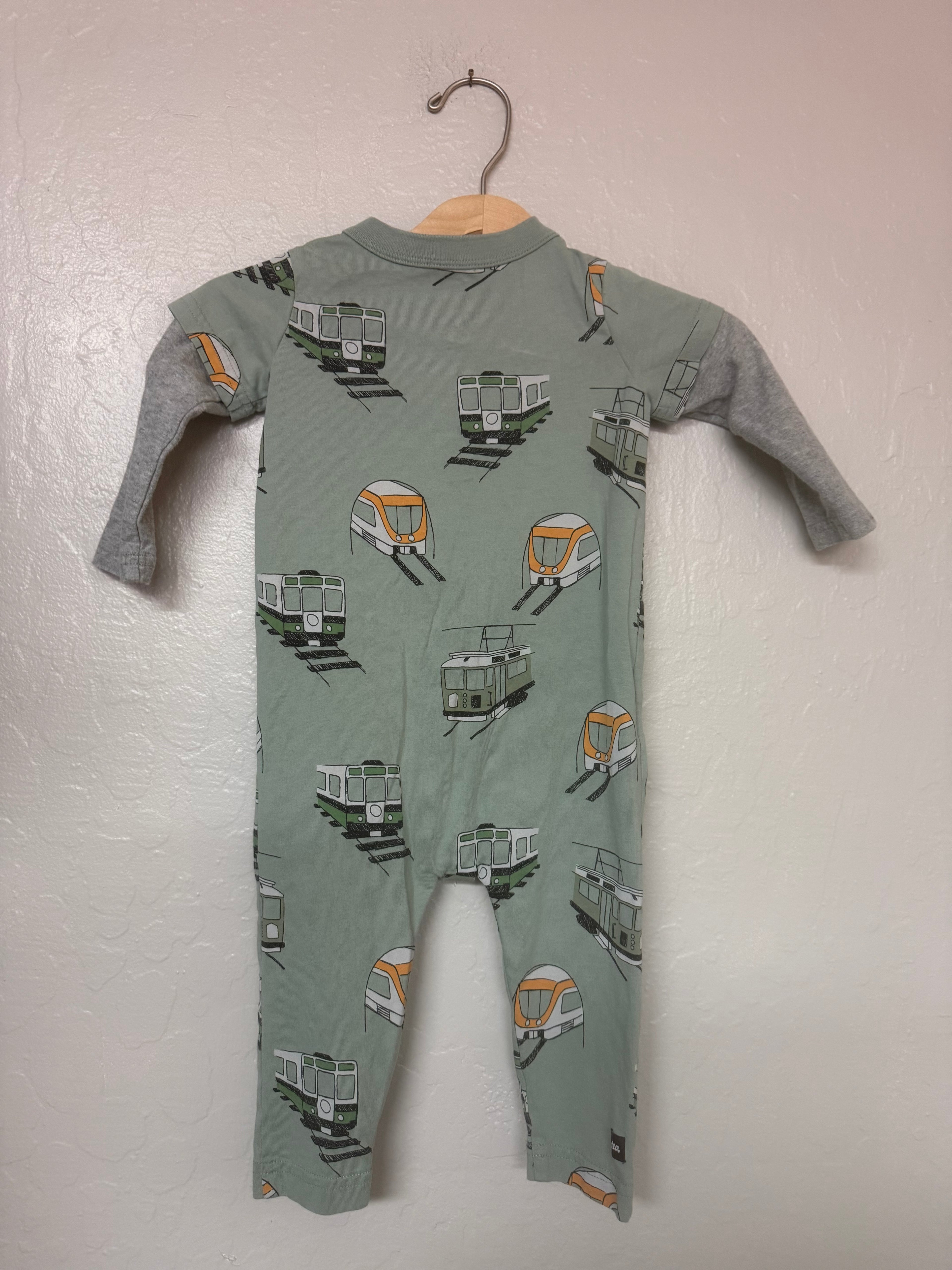 Tea Collection Boys Train Snap Romper Green 9-12M