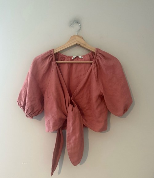 abercrombie & fitch pink linen tie-front top XS
