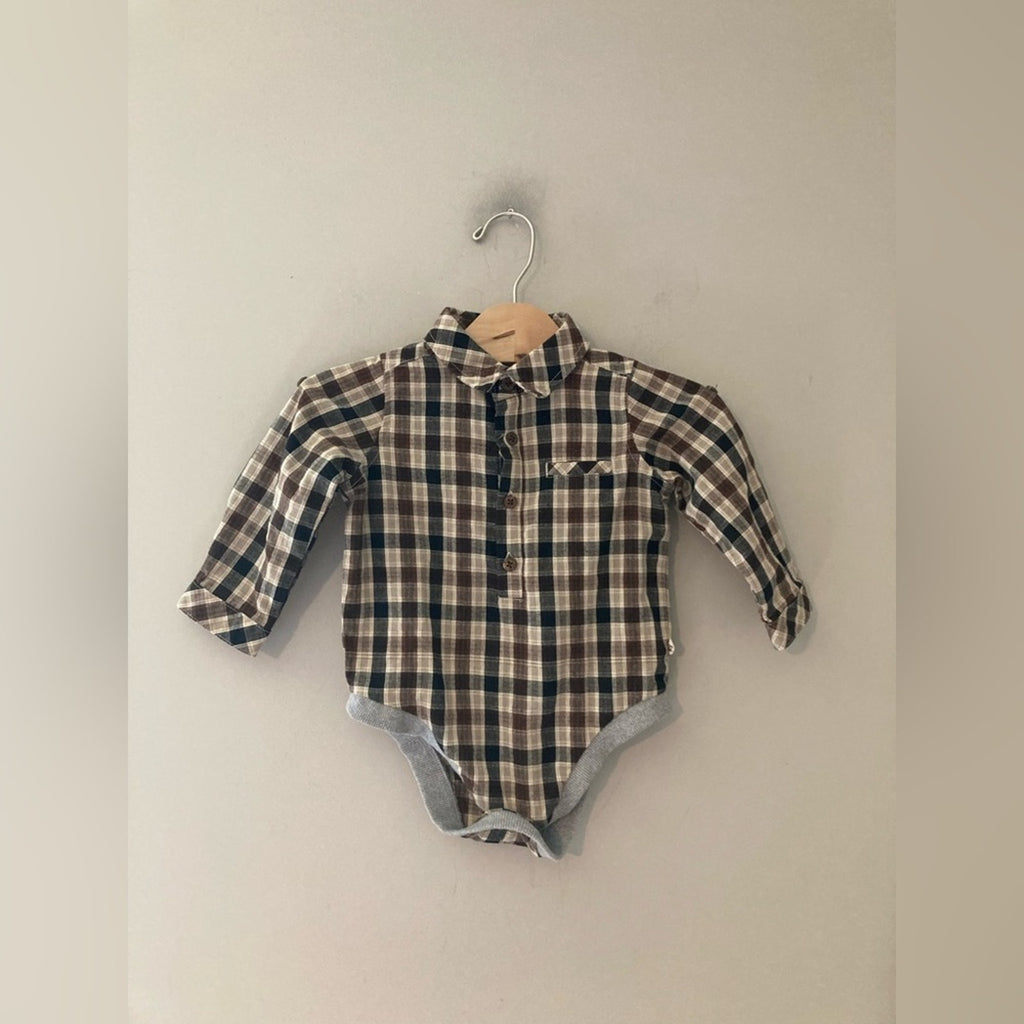 me & henry boys' brown plaid button-down bodysuit 12-18M