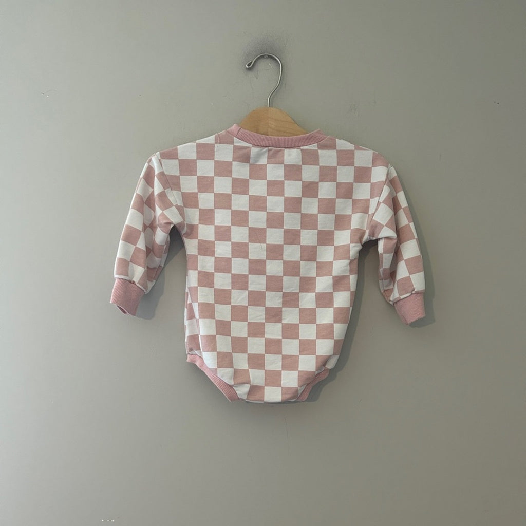 pink checkered sweatshirt romper‎ 12-18M