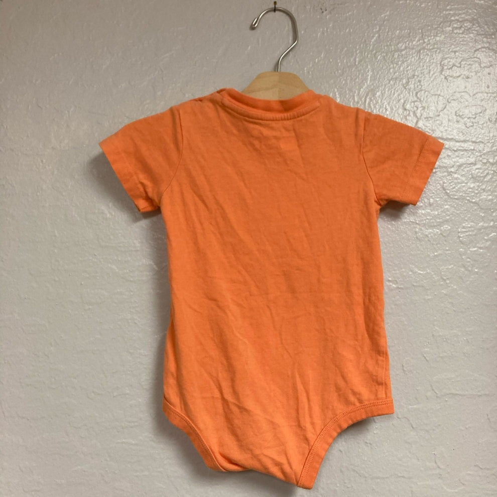Back view of Carhartt bright orange short-sleeve cotton snap bodysuit for baby boys 18 months
