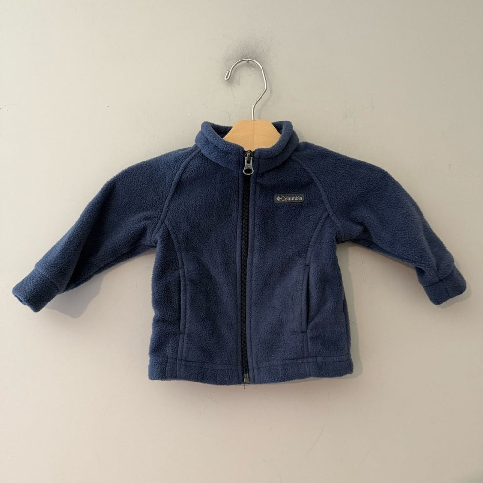 Front view of Columbia navy blue full-zip fleece jacket with mock neck, side pockets and Columbia logo patch for boys 6-12M