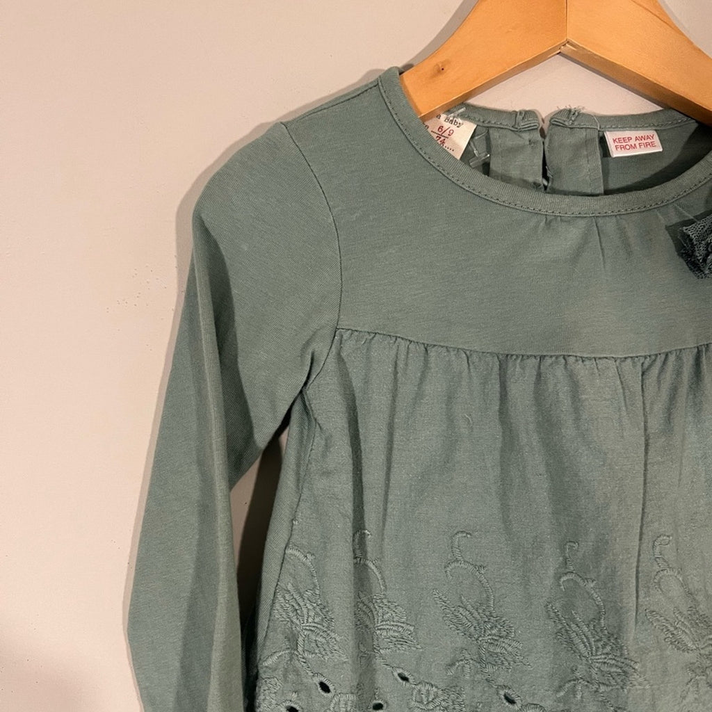 zara girls' green long-sleeve tee with bow 6-9M