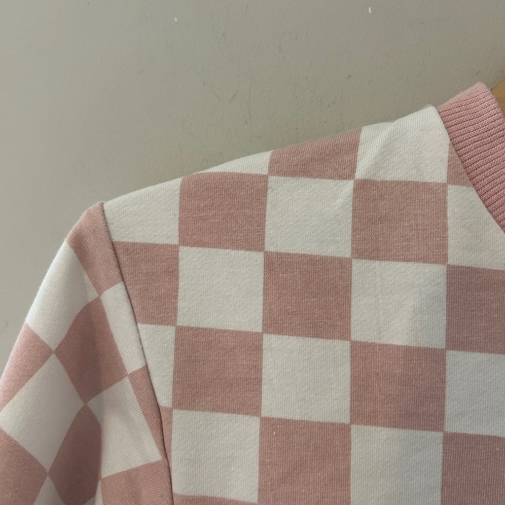 pink checkered sweatshirt romper‎ 12-18M