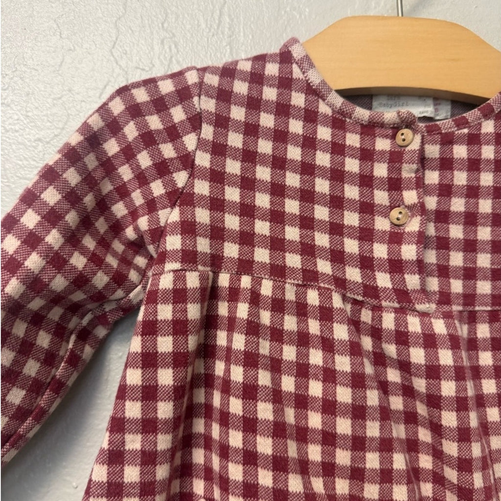 zara dark red gingham long sleeve dress 2-3Y