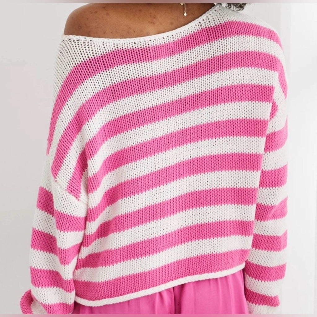 aerie off-shoulder pink white stripe sweater XL