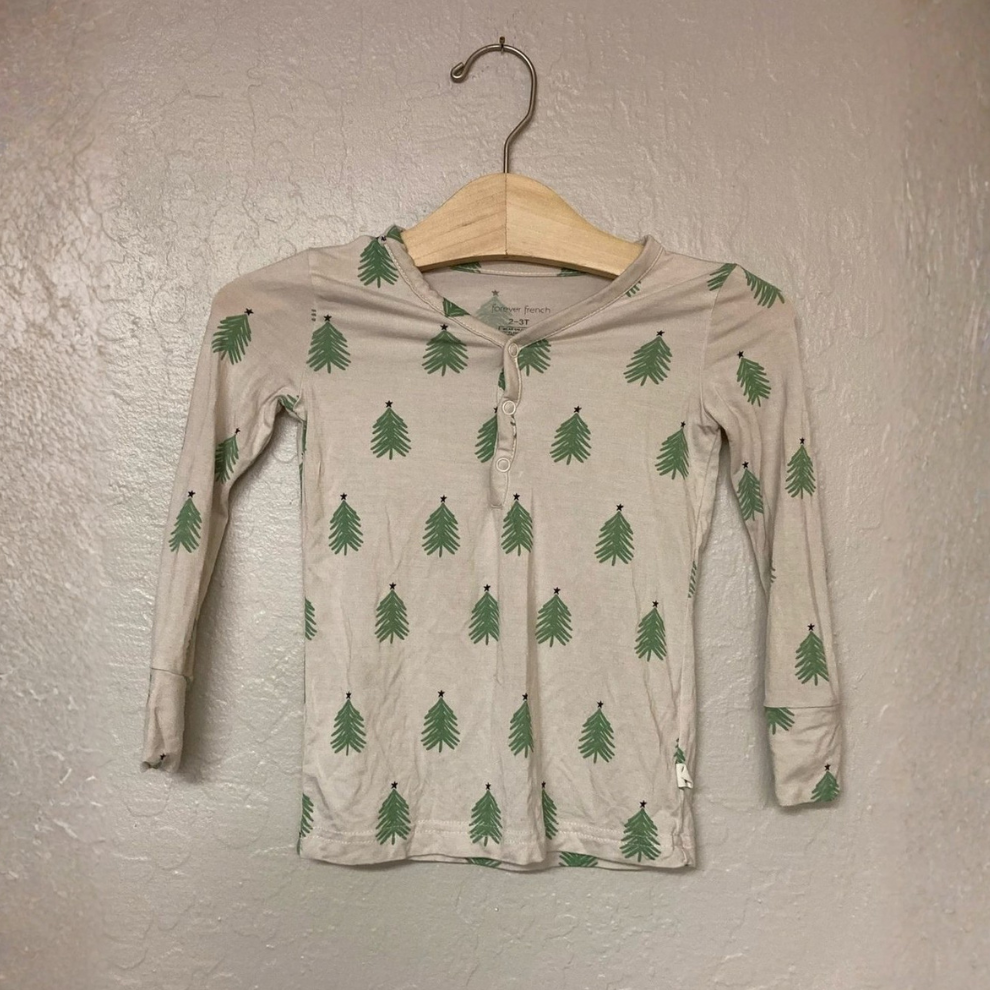 Front view of Forever French Baby stone beige hooded henley tshirt with Christmas tree print for toddler girls
