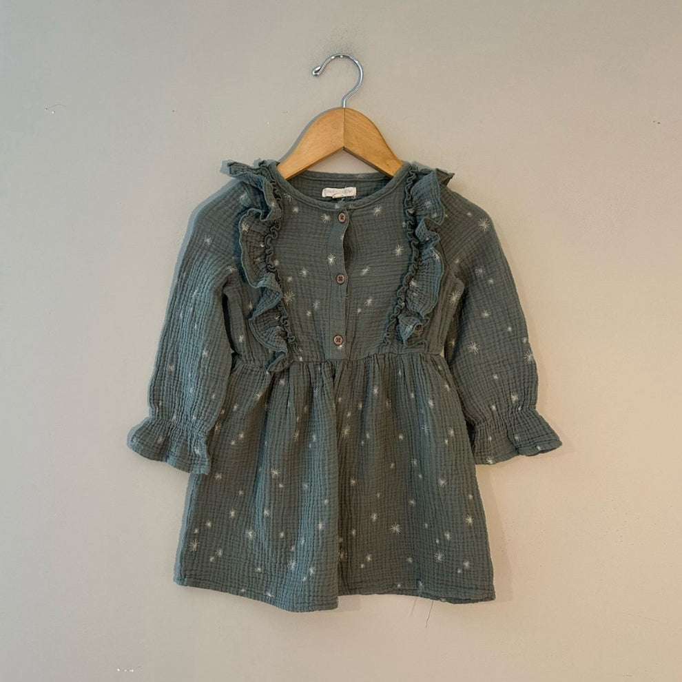 Front view of Grayson Collective teal double-gauze muslin dress with star embroidery, ruffle collar and wood button front for girls 3T