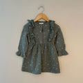 Front view of Grayson Collective teal double-gauze muslin dress with star embroidery, ruffle collar and wood button front for girls 3T
