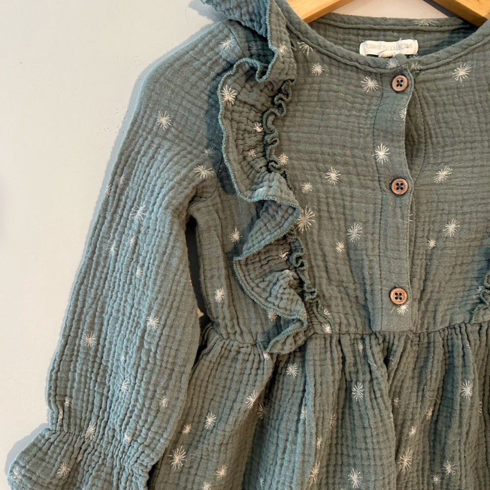 Close-up detail of Grayson Collective teal muslin dress showing white star embroidery, ruffled collar trim and wood buttons