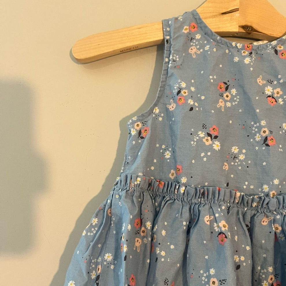 Close-up detail of H&M dusty blue dress showing floral pattern with bunny print and gathered elastic waist