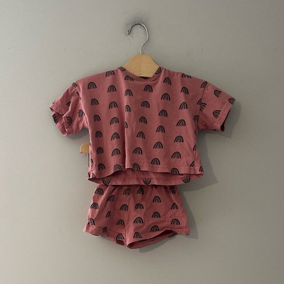 Front view of Indy + Pippa mauve all-over rainbow print matching boxy tee and shorts set for baby girls 9-12 months