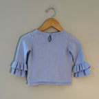 Back view of Janie and Jack blue ruffle sleeve sweater with keyhole button closure for girls 12-18 months