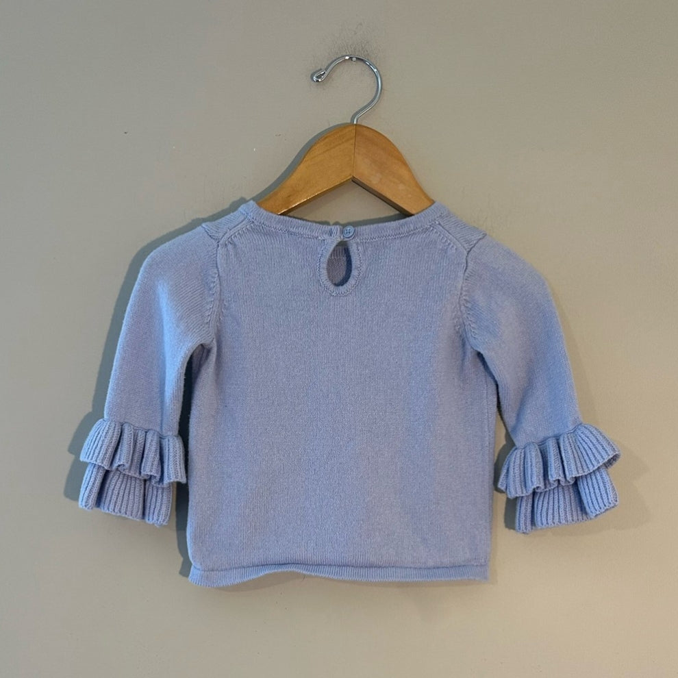Back view of Janie and Jack blue ruffle sleeve sweater with keyhole button closure for girls 12-18 months