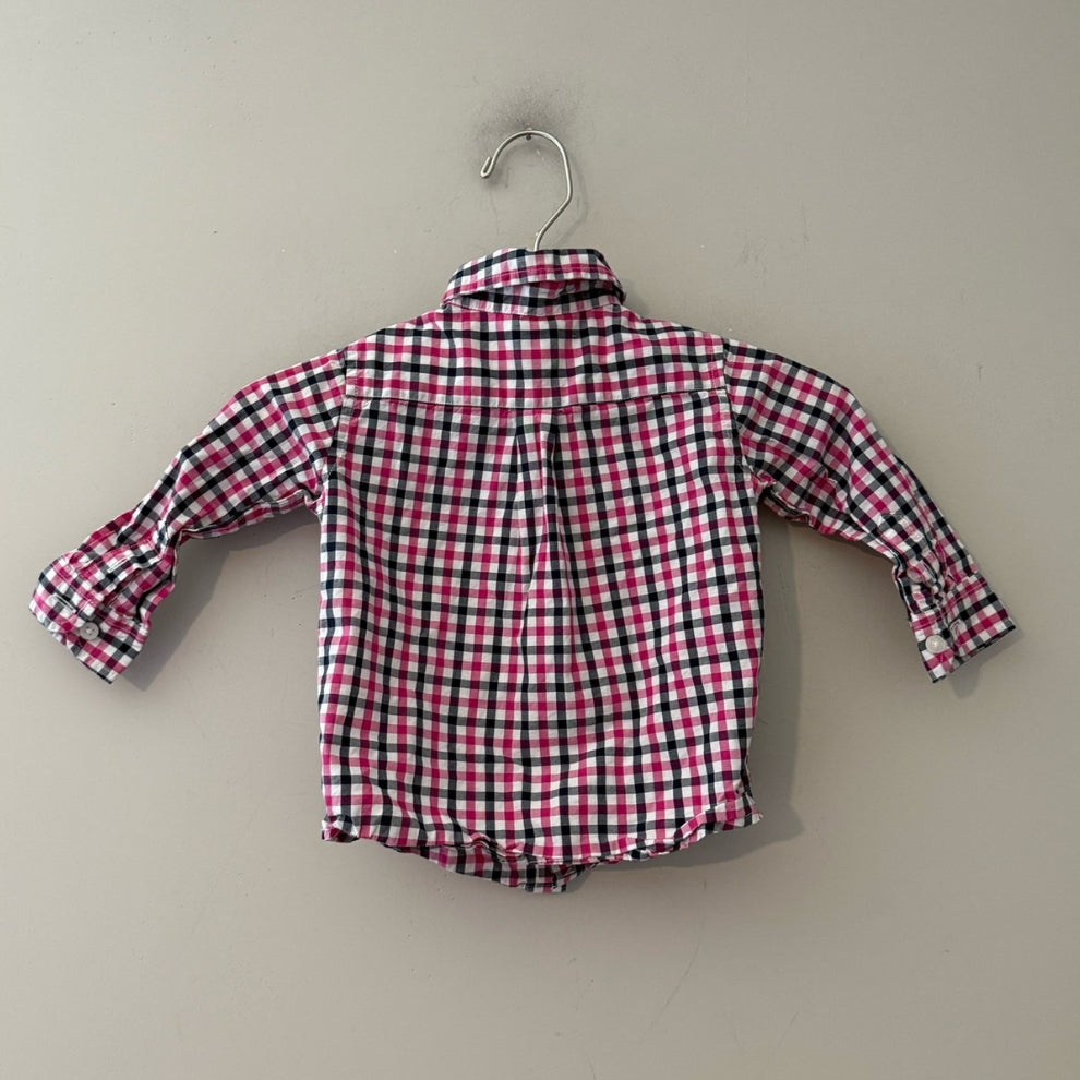 Back view of Janie and Jack pink navy and white gingham check button-up shirt for baby boys 6-12 months