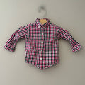 Front view of Janie and Jack pink navy and white plaid long-sleeve button-up shirt for boys 6-12 months