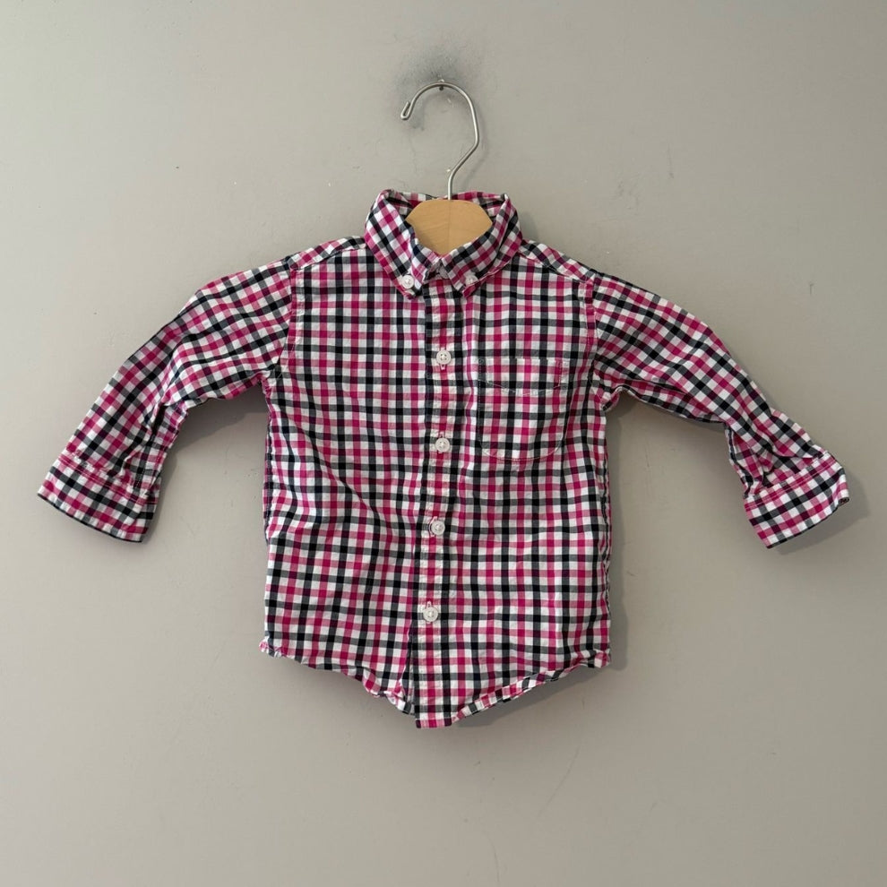 Front view of Janie and Jack pink navy and white plaid long-sleeve button-up shirt for boys 6-12 months