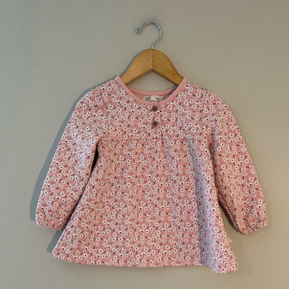 Front view of Kit + Pearl coral pink floral long-sleeve dress with puffed sleeves for toddler girls 24M