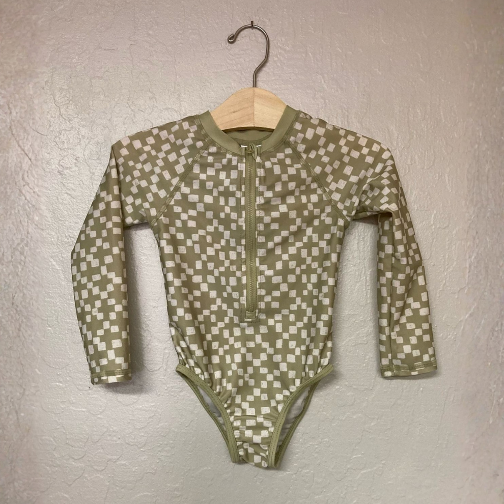 Front view of Little Co. olive green checkered long-sleeve rashguard swimsuit with zipper for toddler girls