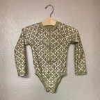 Front view of Little Co. olive green checkered long-sleeve rashguard swimsuit with zipper for toddler girls