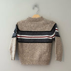 Back view of Mayoral beige stripe wool-blend boys pullover sweater with logo sleeve patch size 5Y