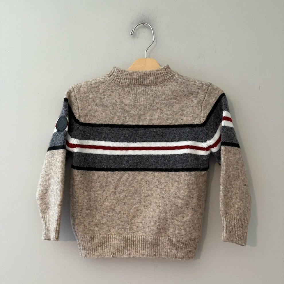 Back view of Mayoral beige stripe wool-blend boys pullover sweater with logo sleeve patch size 5Y