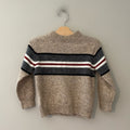Front view of Mayoral oatmeal beige wool-blend knit sweater with color-block gray and red stripe for boys size 5Y