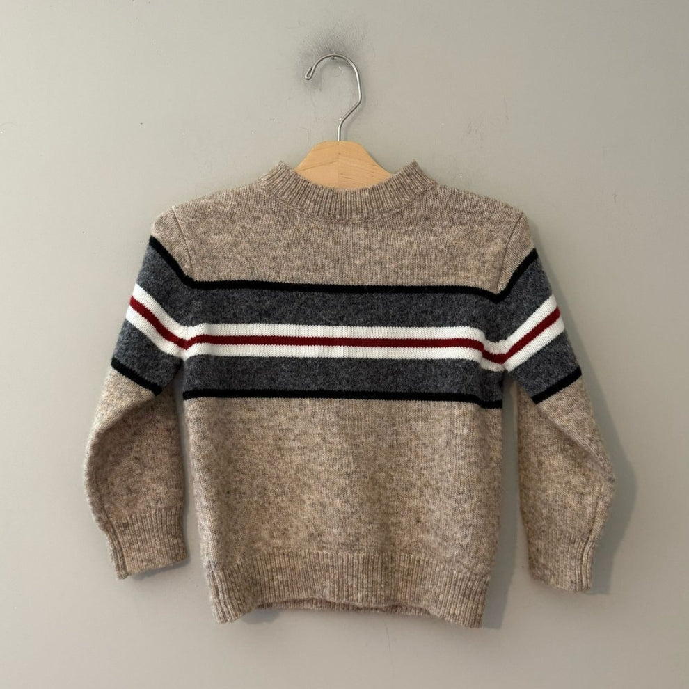 Front view of Mayoral oatmeal beige wool-blend knit sweater with color-block gray and red stripe for boys size 5Y
