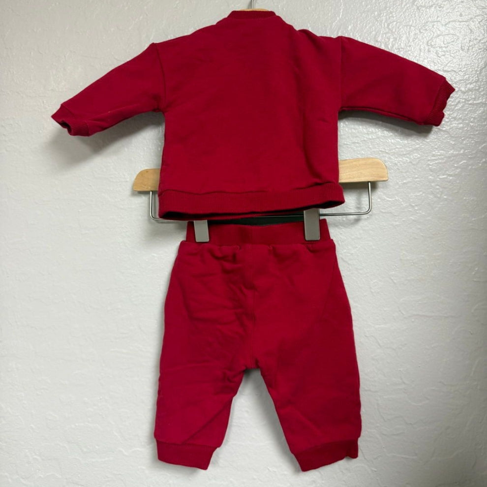 Back view of Mayoral crimson red boys long-sleeve sweatshirt and matching pull-on jogger pants 2-piece set, size 4 years