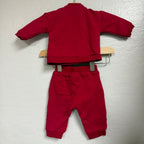 Back view of Mayoral crimson red boys long-sleeve sweatshirt and matching pull-on jogger pants 2-piece set, size 4 years