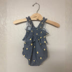Back view of Modern Moments gray-blue one-piece swimsuit with lemon pattern and ruffle straps for baby girls
