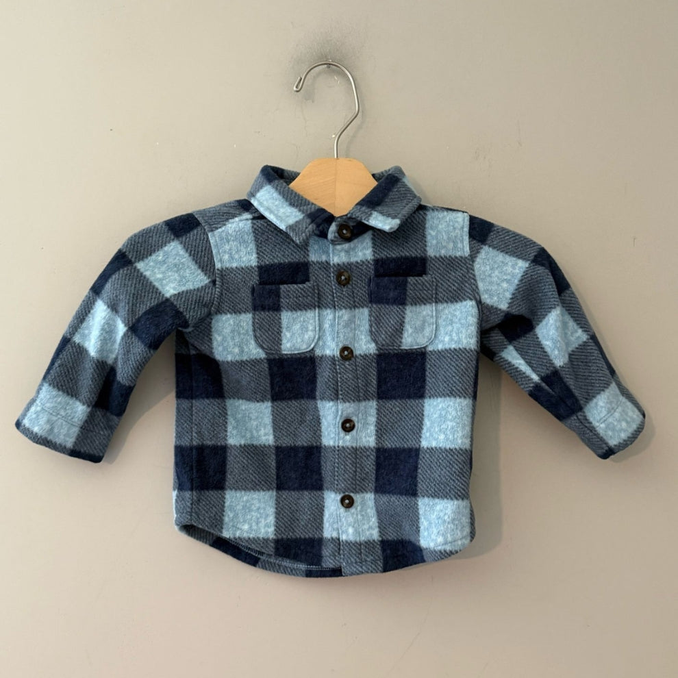 Front view of Old Navy blue buffalo plaid soft fleece shirt jacket shacket with button front for boys 6-12 months