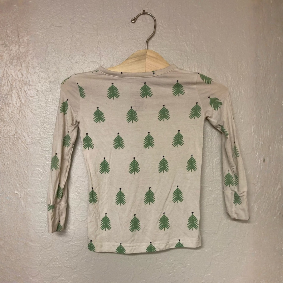  Back view of Forever French Baby stone beige long-sleeve tshirt with all-over pine tree pattern for girls