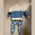 Back view of Tiny Tribe sky blue and white color-block zip sweatshirt and abstract print jogger pants 2-piece set, gender neutral size 3Y