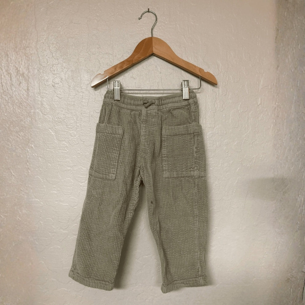 Front view of Zara straight leg corduroy pants in sage green with elastic waist for toddler boys