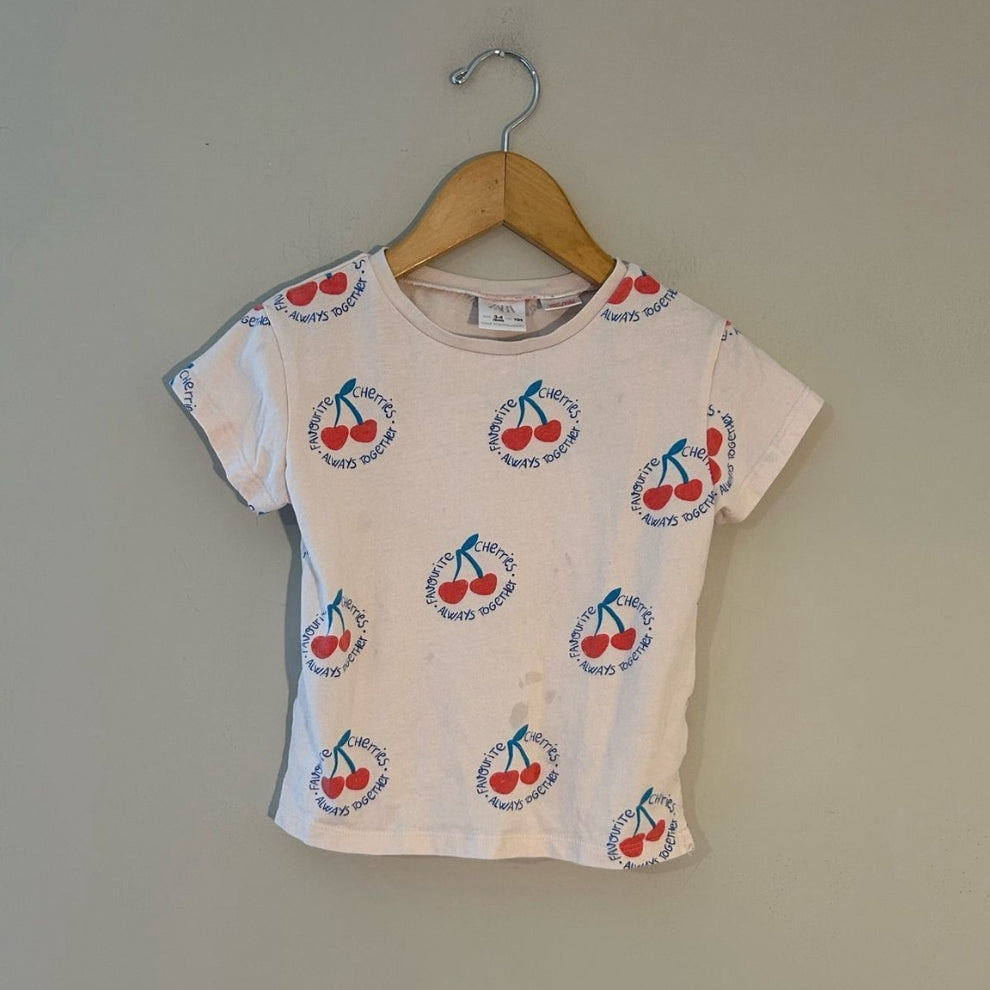 Front view of Zara white cotton girls tee with all-over Favourite Cherries Always Together red and teal print, size 3Y